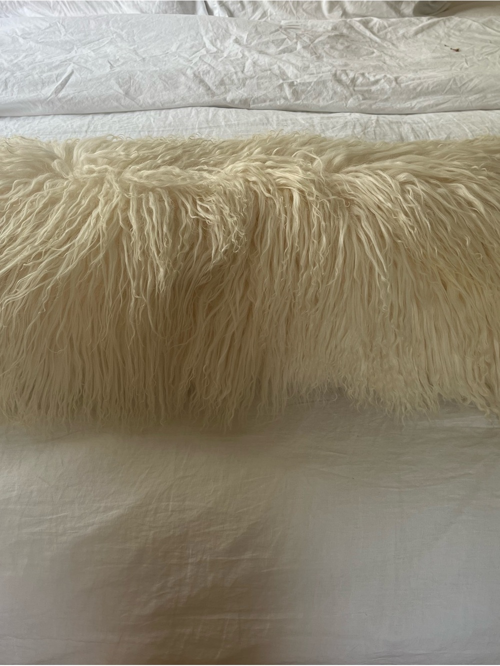 Crate&Barrel Cream Mongolian sheepskin Long-Pile Lumbar Pillow - Picture 2 of 4
